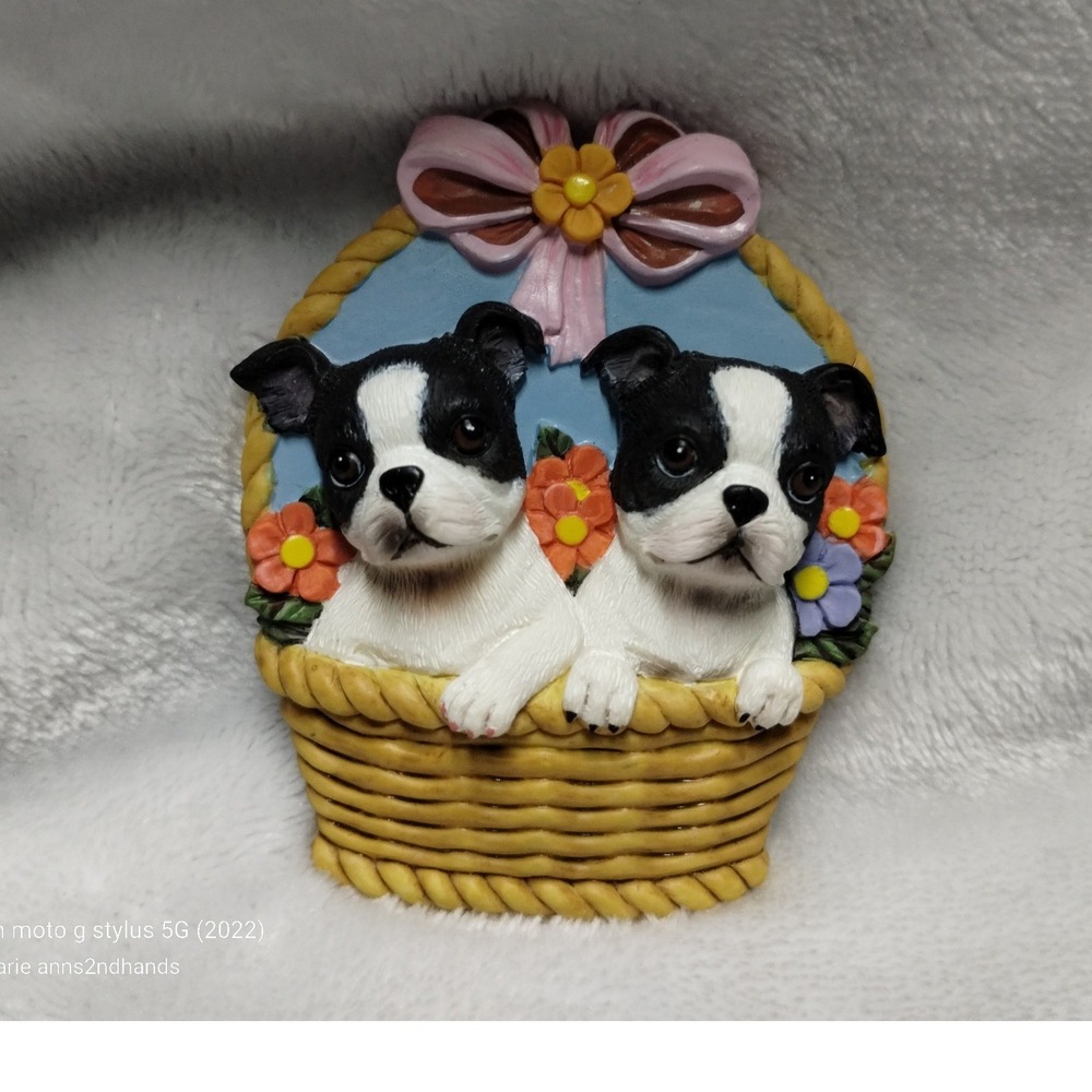 Willabee & Ward Boston Terrier Magnet Collection Puppies in Basket 3D Resin NOS